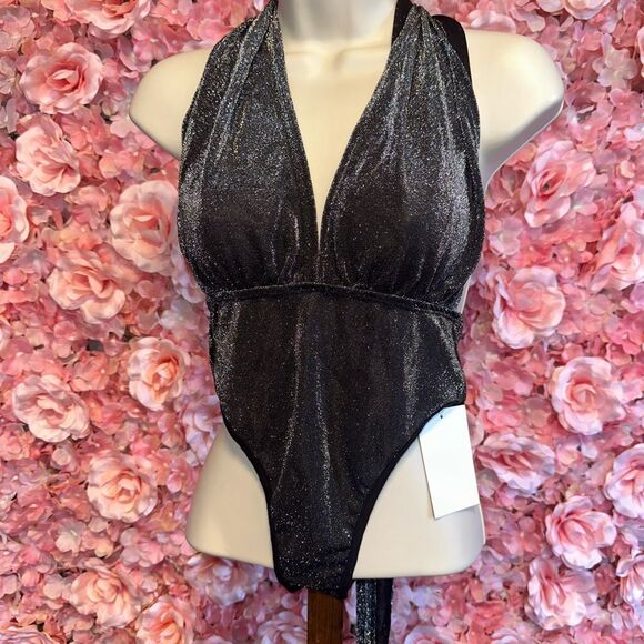 NWT Verdusa (Small) Brand New Metallic Glitter Bodysuit with Tied Halter Neck - Picture 1 of 9